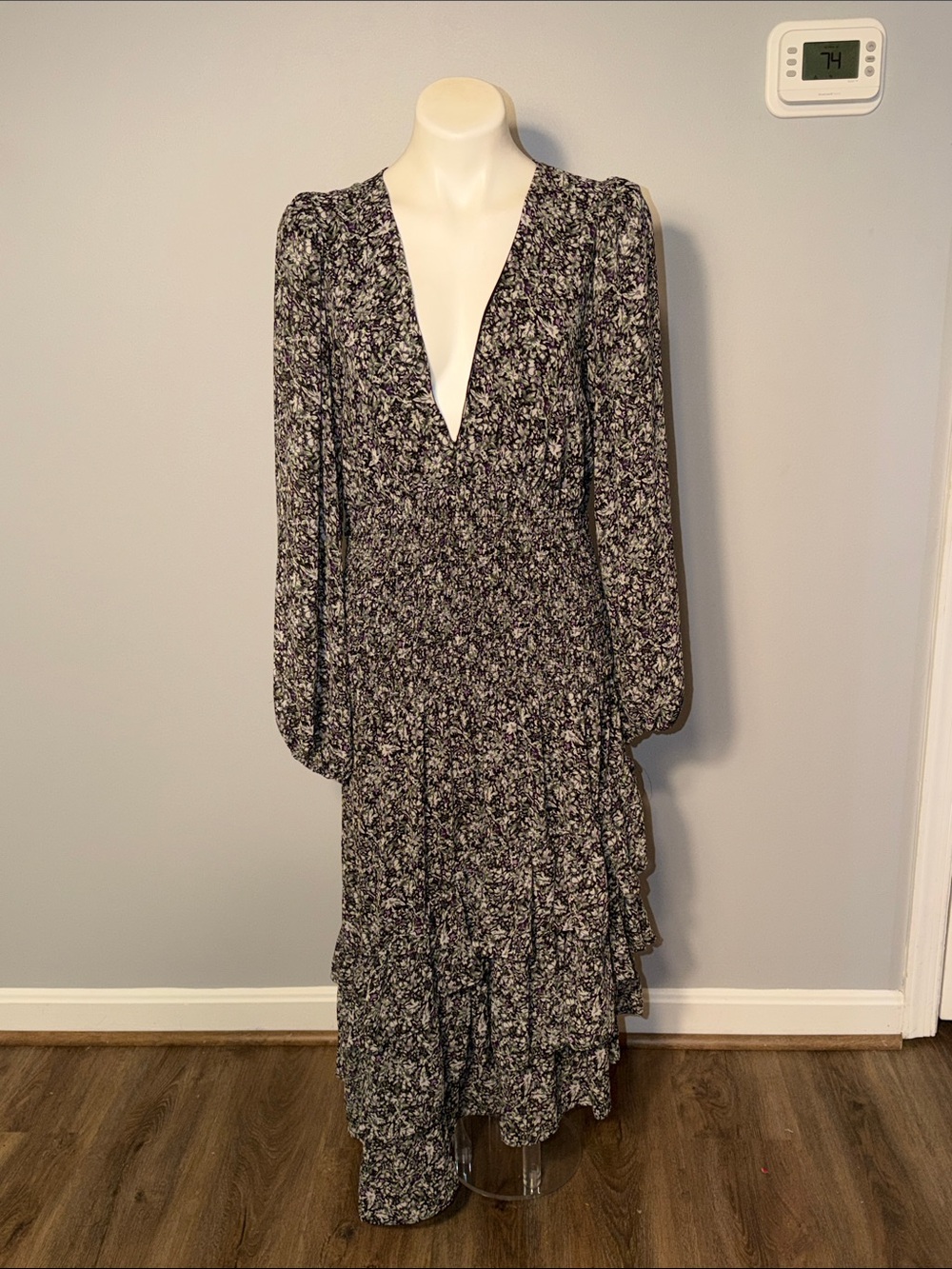 Astr The Label Ladies Asymmetrical Long Sleeve Smocked Ruffle Floral Maxi Dress